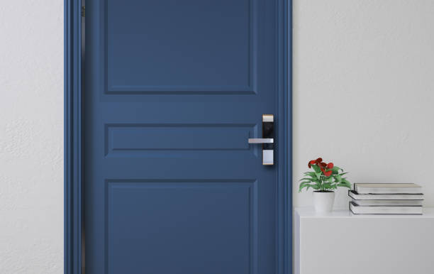 istock Digital door locking on blue wood door panel 2184435322