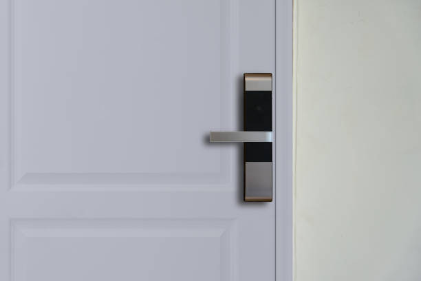 istock Digital door locking on white wood door 2184435325