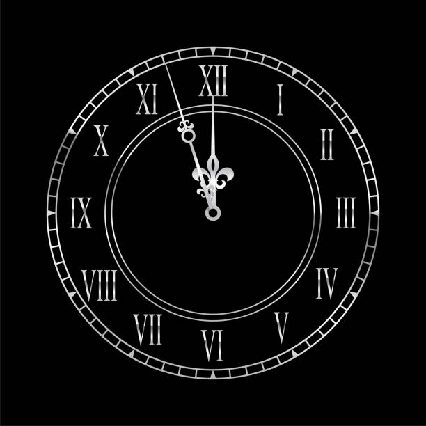 istock Silver clock face with midnight time. 3d platinum watch on black background. Classic vintage luxury elegant roman numeral clock. Realistic vector illustration for new year or Christmas greeting card 2184436963