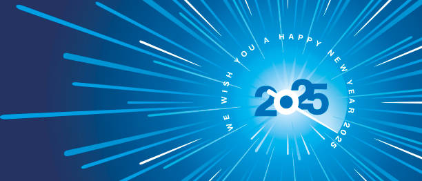 istock We wish you a Happy New Year 2025. Blue white type typography blue background. high warp speed space with speedometer shape needle moving to the year number 2025. 2025 start greeting card 2184443598