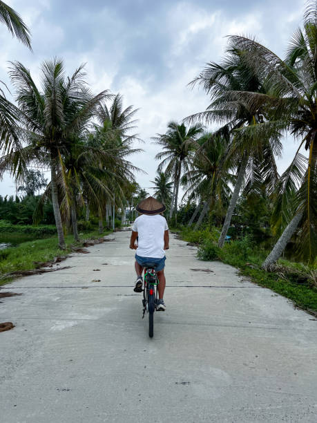 Back view of a man biking along a serene, palm-lined road, embracing the simplicity of rural life and nature in Southeast Asia.