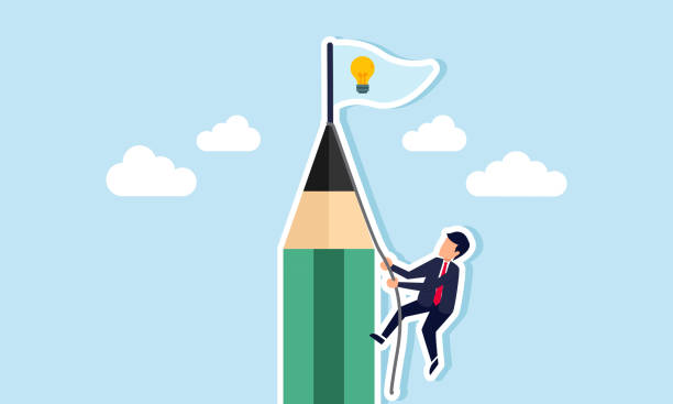 istock businessman climbing a pencil with a rope to reach the pencil top where a flag labeled light is, illustration of effort to obtain business ideas and innovation 2184452910