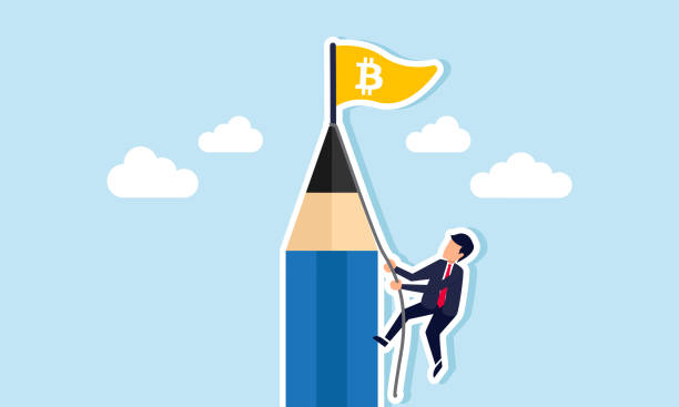 istock businessman climbing a pencil with a rope to reach the pencil top where a flag labeled bitcoin is, illustration of effort to collect bitcoin investment assets 2184452935