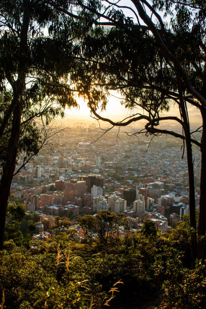 High angle view of Bogota city landscape at sunset, view from mountains