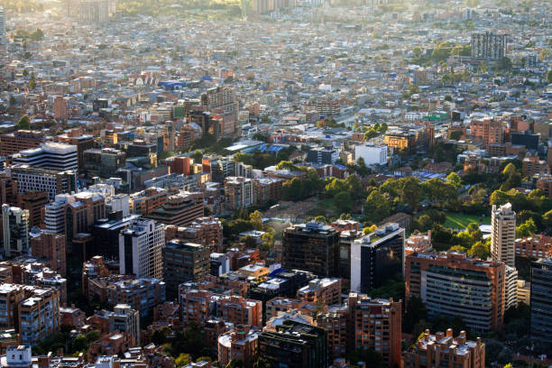 High angle view of Bogota city landscape at sunset, view from mountains