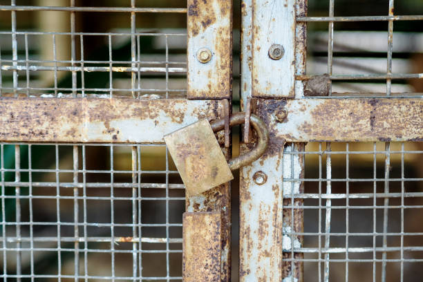 istock locked padlock on rusty fence, locked padlock on a rusty cage 2184467550