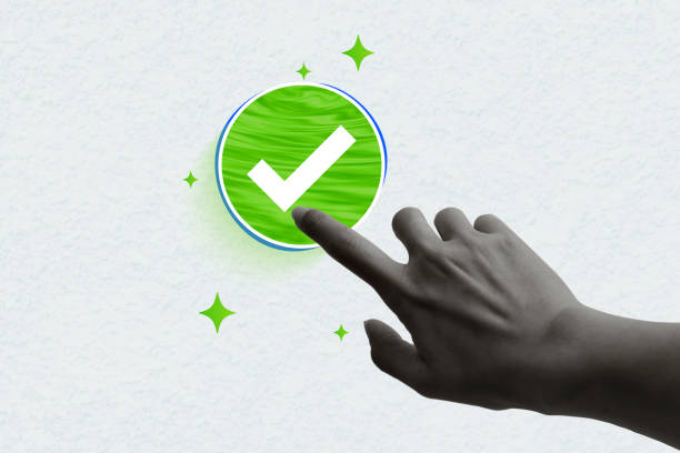 istock Hand click touch the check mark icon. Concept of planning, approval, voting. Art collage digital pop modern art 2184468746
