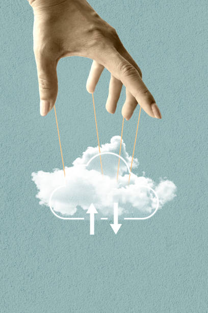 istock Hand holding cloud. Downloading information virtual cloud isolated blue green color background. Concept of business, modern technologies, IT, innovations. Art collage digital pop modern art 2184468757