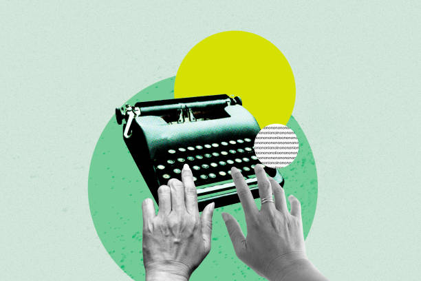 Hand typed on typewriter on green background with copy space. Concept of work on typewriter. Art collage digital pop modern art