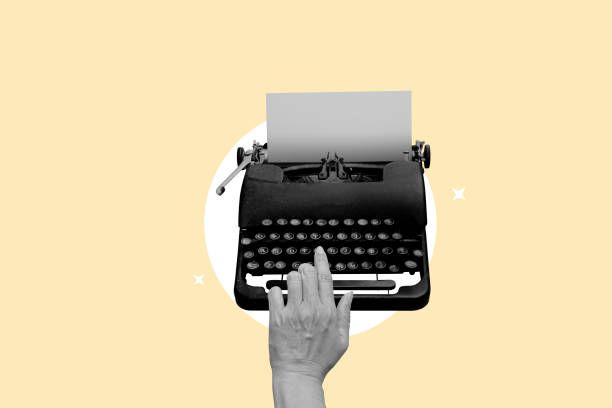 istock Vintage typewriter with blank paper sheet on yellow background. Art collage digital pop modern art 2184469009