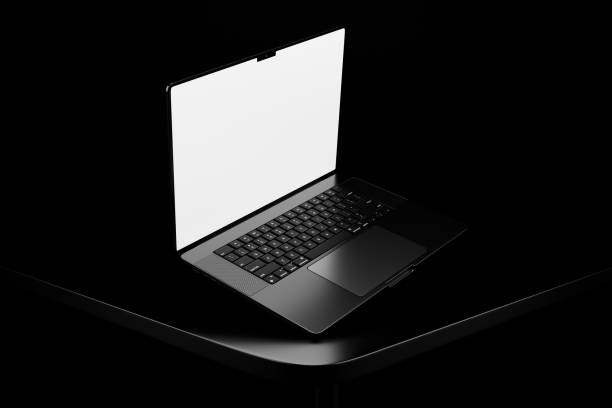 istock Realistic black laptop h in dark theme. Blank white screen laptop mockup 2184470630