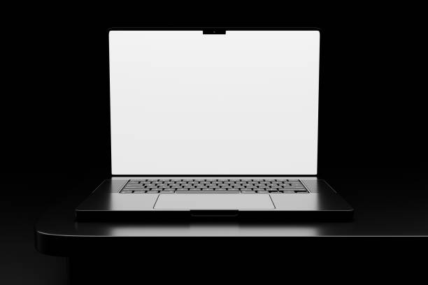 istock Realistic black laptop h in dark theme. Blank white screen laptop mockup 2184470631