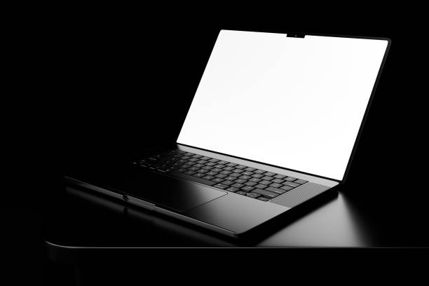 istock Realistic black laptop h in dark theme. Blank white screen laptop mockup 2184470632
