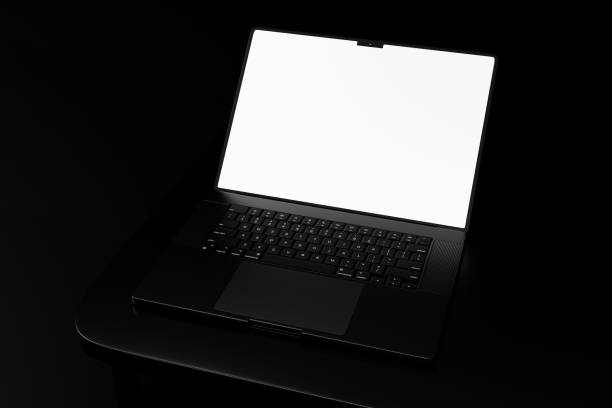 istock Realistic black laptop h in dark theme. Blank white screen laptop mockup 2184470637
