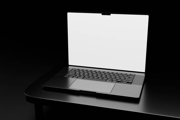 istock Realistic black laptop h in dark theme. Blank white screen laptop mockup 2184470651