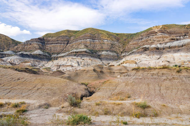 Scenic badlands, wind-sculpted sandstone formations on the hills of the canyon with desert plants growing in summer. Hoodoos trail, Drumheller, Alberta, Canada.