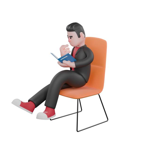 istock 3D Choreographer Character. A male choreographer sits facing right while reading a book . Animated Dance Performer 2184479817