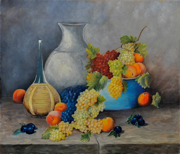 istock Still life with peaches, grapes and wine, oil painting 2184484594
