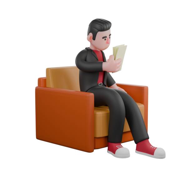 istock 3D Choreographer Model. a male choreographer sits on a sofa while carrying some papers in his right hand with a serious expression. Animated Dance Artist 2184485088