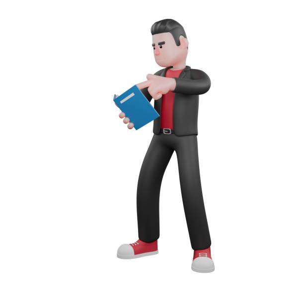 istock Dance Performer Character in 3D. a male choreographer stands facing right with his right hand holding a book and his left hand pointing to the book. Choreographer Design 2184485136