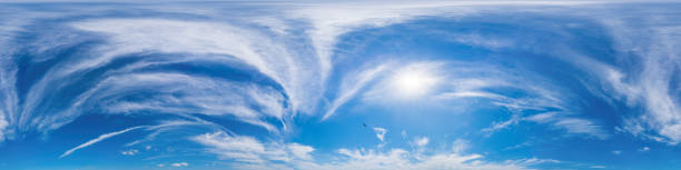 istock Blue summer sky panorama with light Cirrus clouds. HDR 360 seamless spherical panorama. Full zenith or sky dome for 3D visualization, sky replacement for aerial drone panoramas. 2184486645