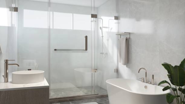 istock Modern, luxury bathroom with marble vanity counter, white washbasin, round mirror, glass partition to shower enclosure, bathtub, for interior design decoration, toiletries product background 3D 2184487737