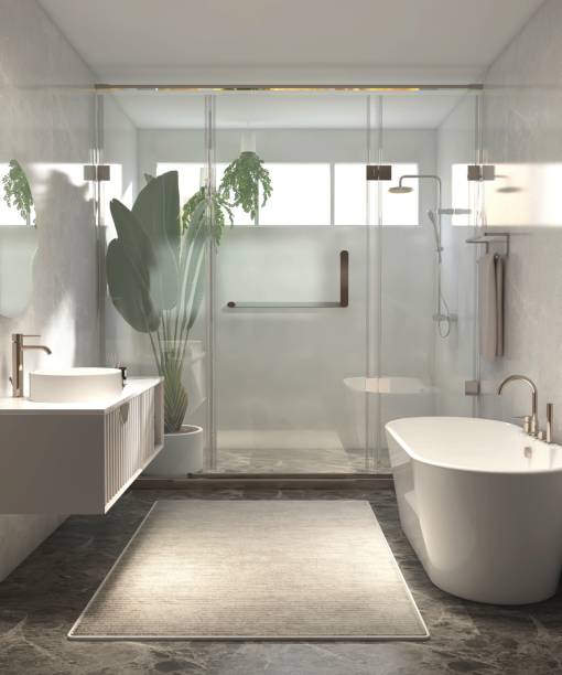 istock Modern, luxury bathroom with marble vanity counter, white washbasin, round mirror, glass partition to shower enclosure, bathtub, for interior design, toiletries product background 3D 2184487738