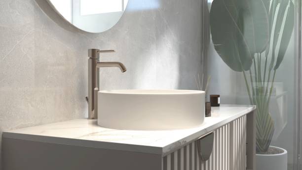 istock White round ceramic washbasin, chrome faucet, mirror on marble stone vanity bathroom counter for luxury beauty, cosmetic, skincare, toiletries product background 3D 2184487746