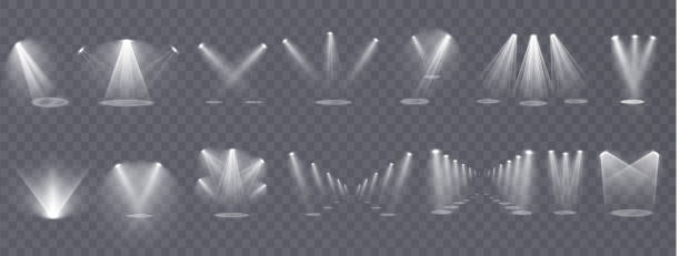 A bright spotlight on the stage shines with rays. Isolated light effect for your design and illustration. The vector set of light includes a light source, studio lighting, wallsA bright spotlight on the stage shines with rays. Isolated light effect for yo A bright spotlight on the stage shines with rays. Isolated light effect for your design and illustration. The vector set of light includes a light source, studio lighting, walls spotlight stock illustrations