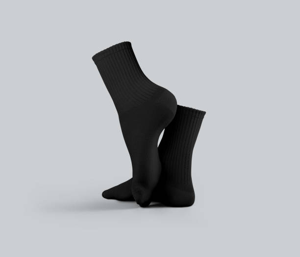 istock Template of black medium socks with textured elastic band, 3D rendering, ankle stretched, side view, isolated on background. 2184493133
