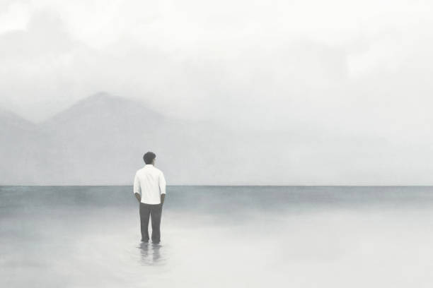 istock illustration of man walking into the water, surreal meditation concept 2184507132