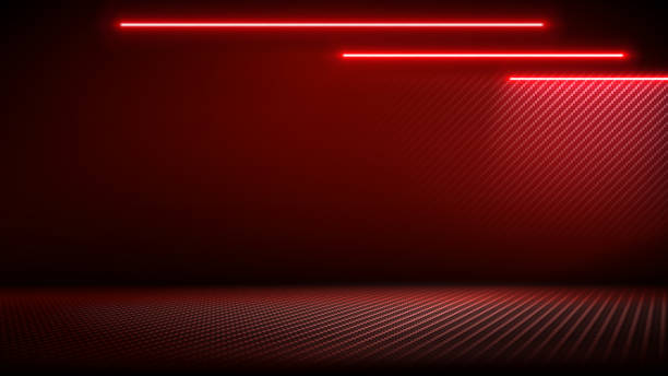 istock Studio interior with carbon fiber texture. Modern carbon fiber textured red black interior with light. Background for mounting, product placement. Vector background, template, mockup 2184512387