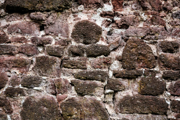 A wall made of stone with a rough texture. The wall is brown and white