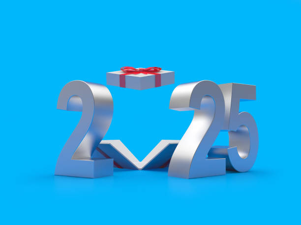 istock 3D illustration of silver numbers 2025 with empty open gift box on blue background. 2184519202