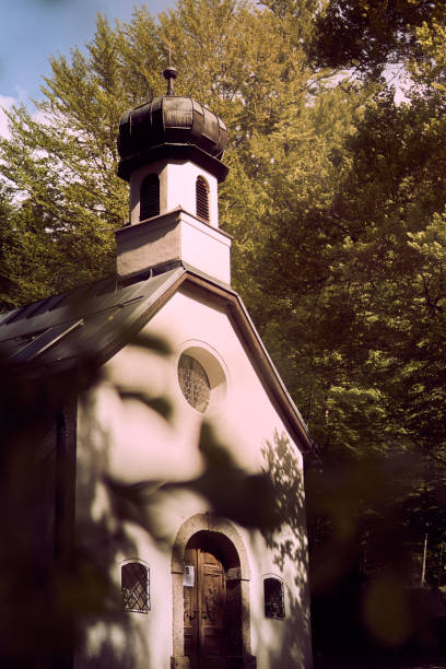 istock Charming small chapel surrounded by lush trees in a serene forest setting during daylight hours 2184523414
