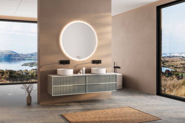 istock Modern minimalist bathroom interior, modern bathroom cabinet, white sink, wooden vanity, interior plants, bathroom accessories, bathtub and shower, white and beige walls, concrete floor. 2184523759
