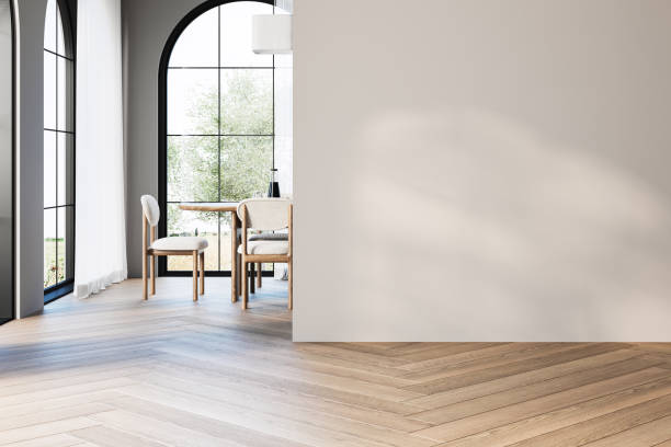 istock Modern interior design of apartment, dining room with table and chairs, kitchen, empty living room with white wall, panorama, yard, aches. 2184523988