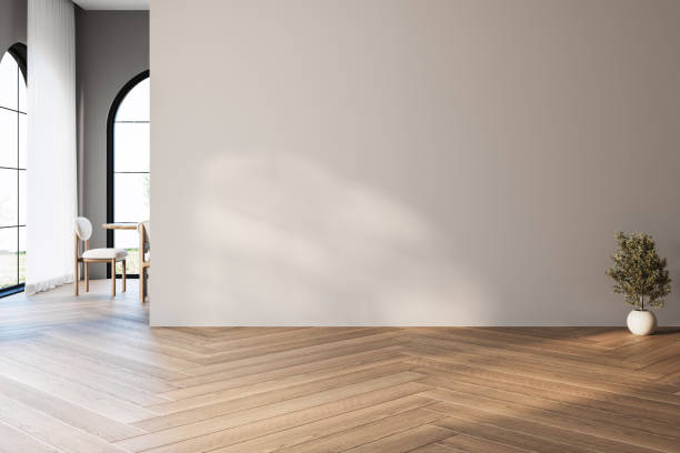 istock Modern interior design of apartment, dining room with table and chairs, kitchen, empty living room with white wall, panorama, yard, aches. 2184523994