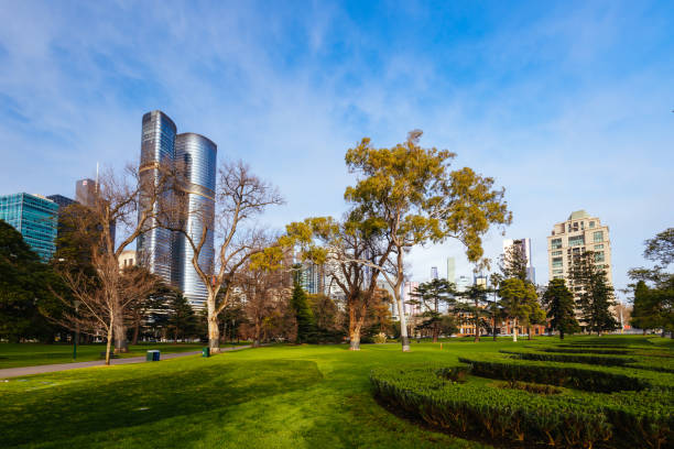 MELBOURNE, AUSTRALIA - AUGUST 1, 2024: Carlton Gardens on a clear sunny winter's day in Melbourne Australia
