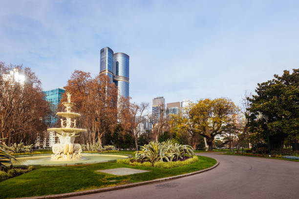 MELBOURNE, AUSTRALIA - AUGUST 1, 2024: Carlton Gardens on a clear sunny winter's day in Melbourne Australia