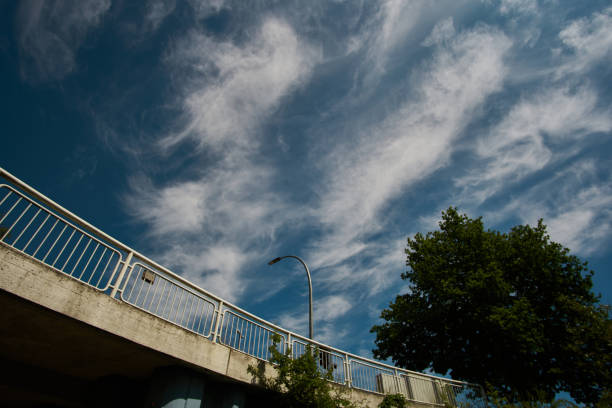 A detailed view captures fluffy clouds above a modern bridge. Bright blue sky enhances the atmosphere while greenery adds natural beauty. The scene is peaceful and urban.