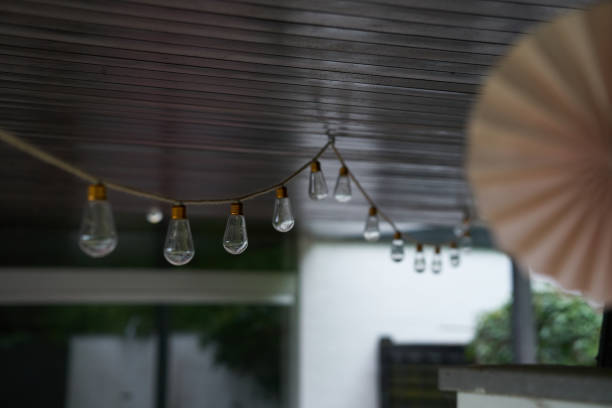 Decorative string lights create a warm ambiance in a cozy outdoor setting during the evening