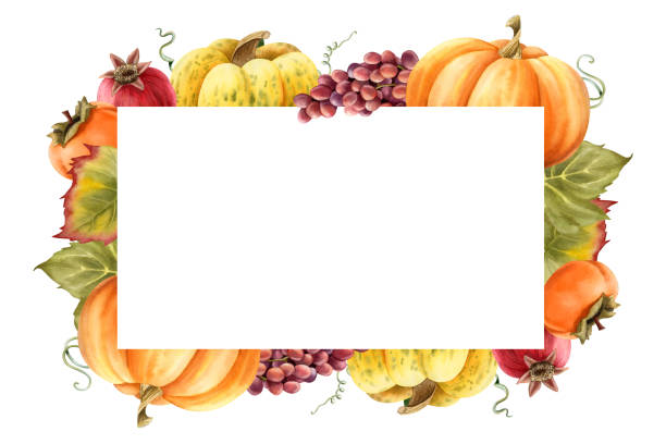 istock Ripe pumpkins harvest horizontal frame watercolor template for organic autumn food designs. Farm garden vegetables and fruits isolated illustration with copy space. Fall Thanksgiving label design 2184533262