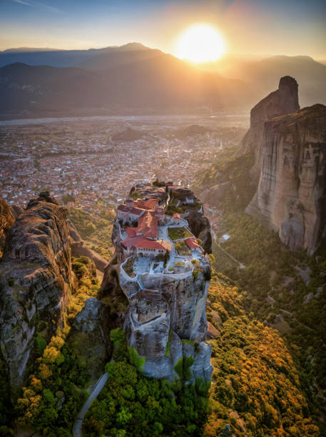 istock Aerial sunset view view of Meteora mountains with Agi Triada monastery 2184533594