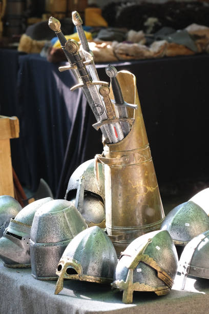 istock Toy weapons and helmets on a fair 2184535038