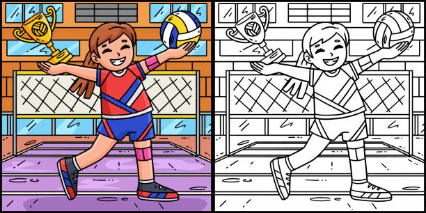 Volleyball Female Player with Trophy Illustration This coloring page shows a Volleyball Female Player with a Trophy. One side of this illustration is colored and serves as an inspiration for children. how to draw a volleyball net drawing stock illustrations