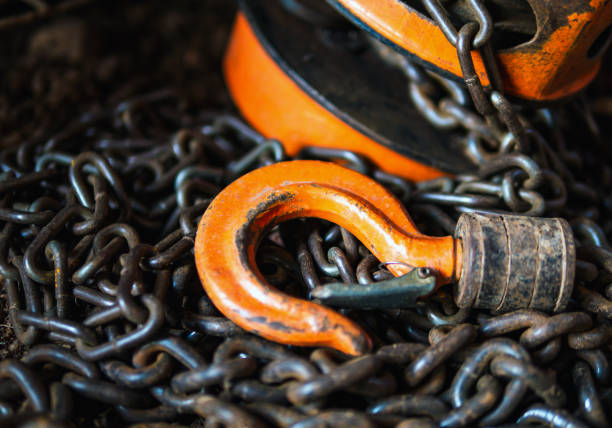 Chain Hoist. Industrial hook reel chain, close-up