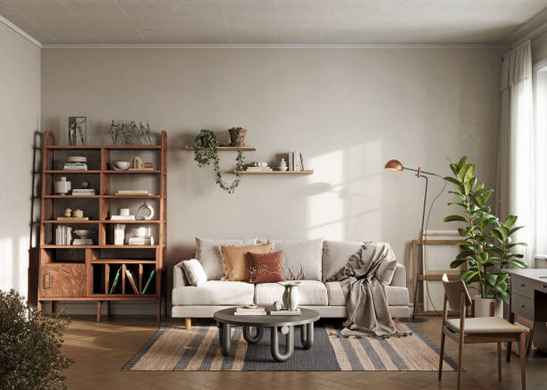 istock Digitally Rendered Modern Living Room and Home Office Combo 2184547425