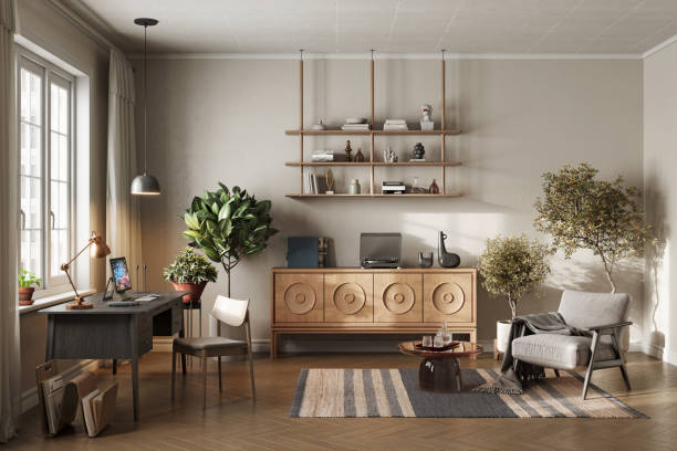 istock Digitally Rendered Cozy Minimalist Home Office Design 2184547453