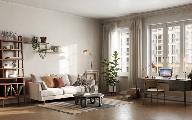 Digitally Rendered Bright Home Office with Minimalist Decor